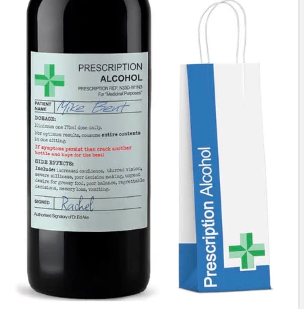 Prescription Wine Label & Bottle Bag – Personalised Funny Wine Gift for Birthdays, Christmas, Secret Santa & Mum Gifts